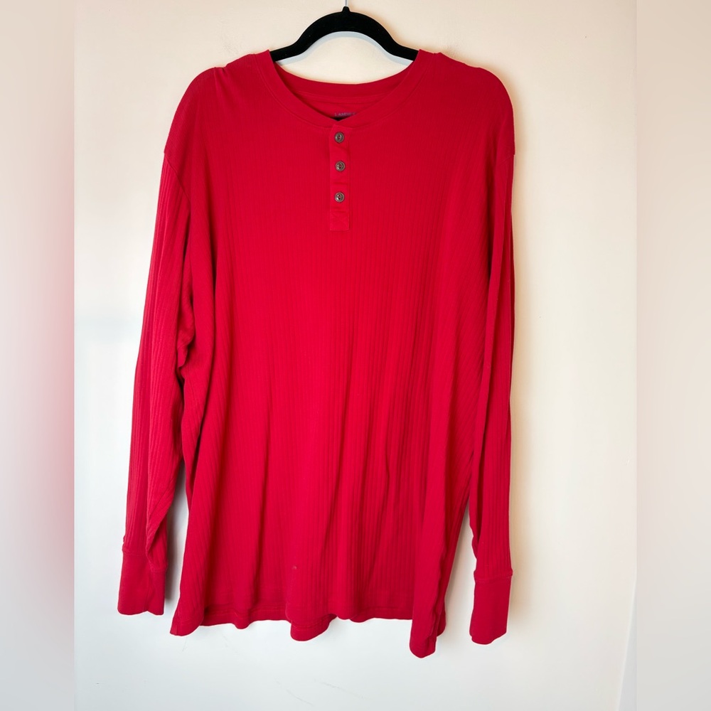 Lands End T Shirt Mens Red Ribbed Cotton Henley Long Sleeve Men’s Size XXL